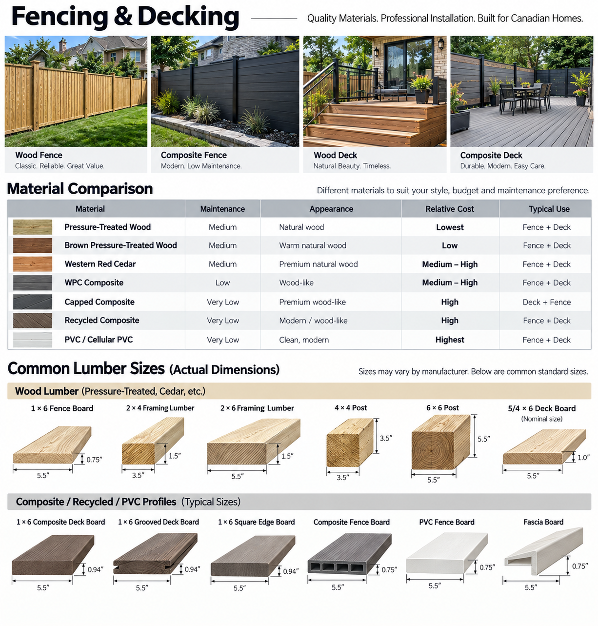 Boldwood Fencing and Decking Materials, Lumber and Composite Sizes